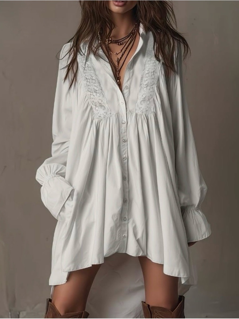Loose White Button-Front Lace Yoke Tunic